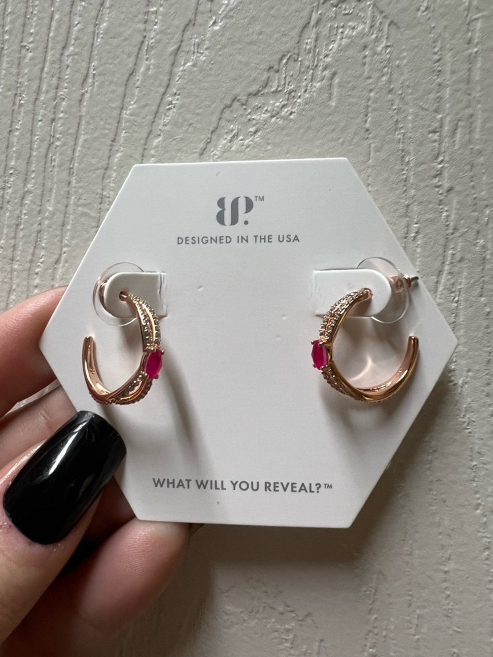 Rose Gold Hoop Earrings with Pink Stone